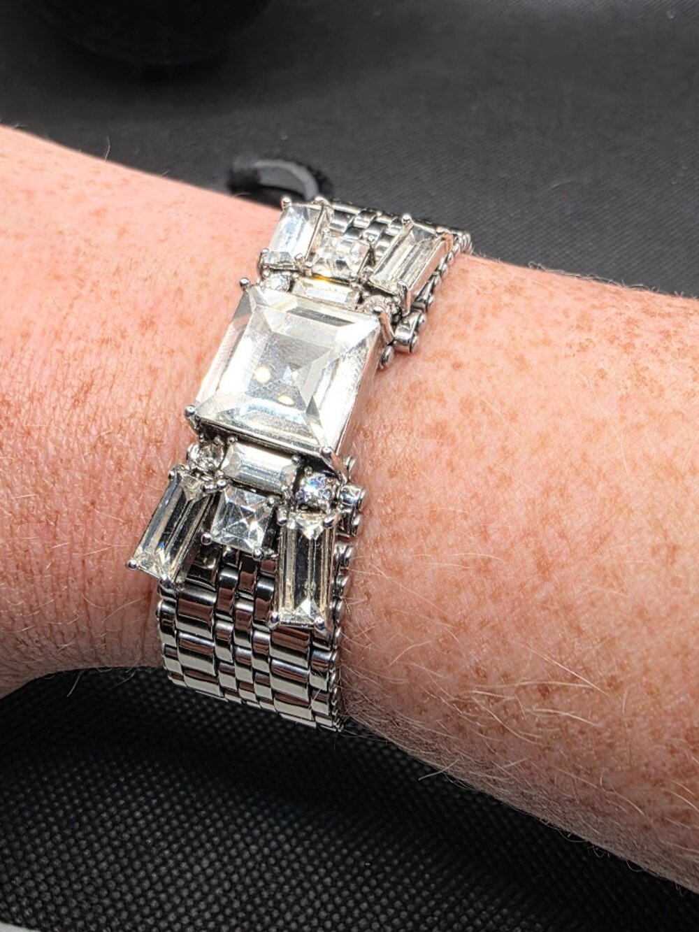 Vintage Art Deco Rhinestone Watchband Bracelet 7" Silver Tone Statement Bracelet